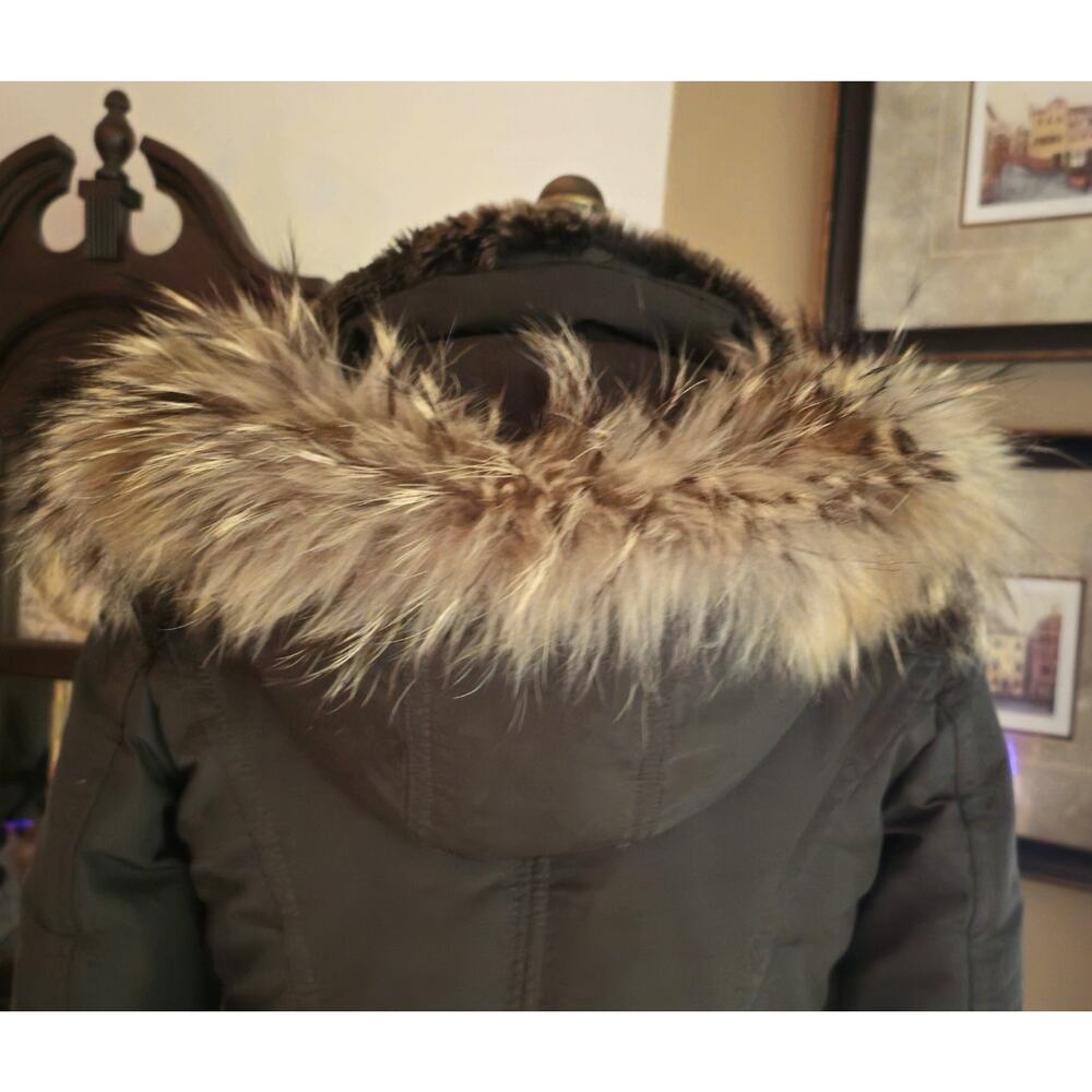 Andrew Marc Women’s XS Olive Green Down Coat Real Fur Trim Hood Winter Parka